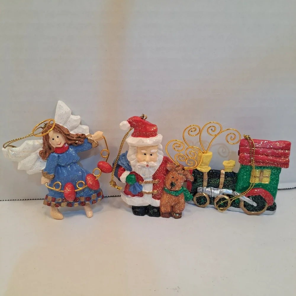 3 AVON FOLKART SPARKLE GIFT COLLECTION CHRISTMAS ORNAMENTS ANGEL TRAIN SANTA